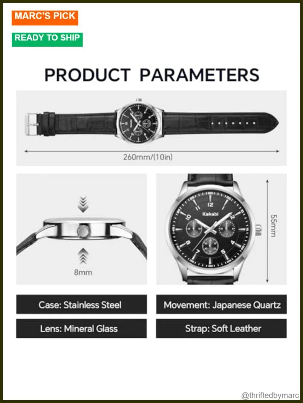 45mm Large Face Analog Quartz Wrist Watch with Croco-Pattern Leather Strap,